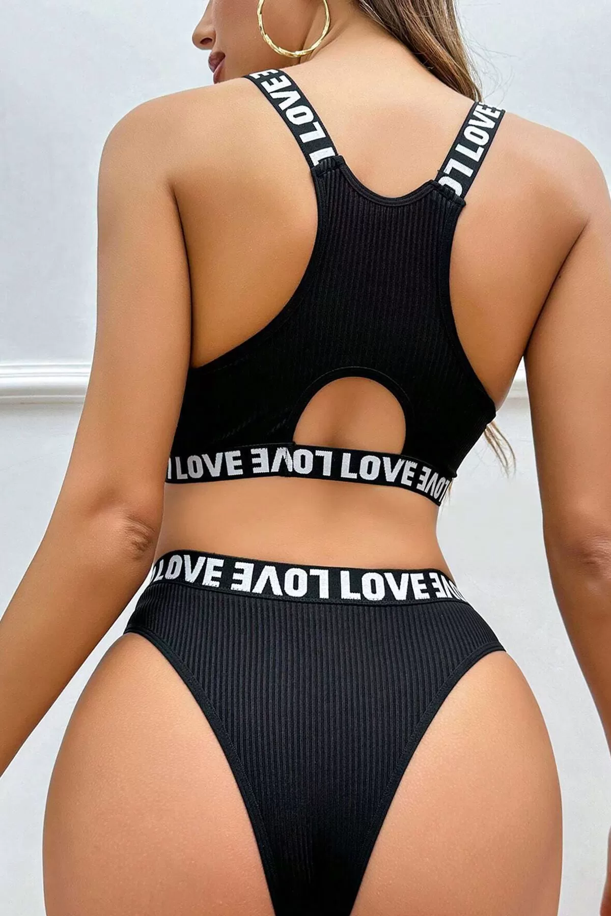 Çapraz Sırt ve Love Lastik Detaylı Sütyen Külot Takım — Siyah (1/2)