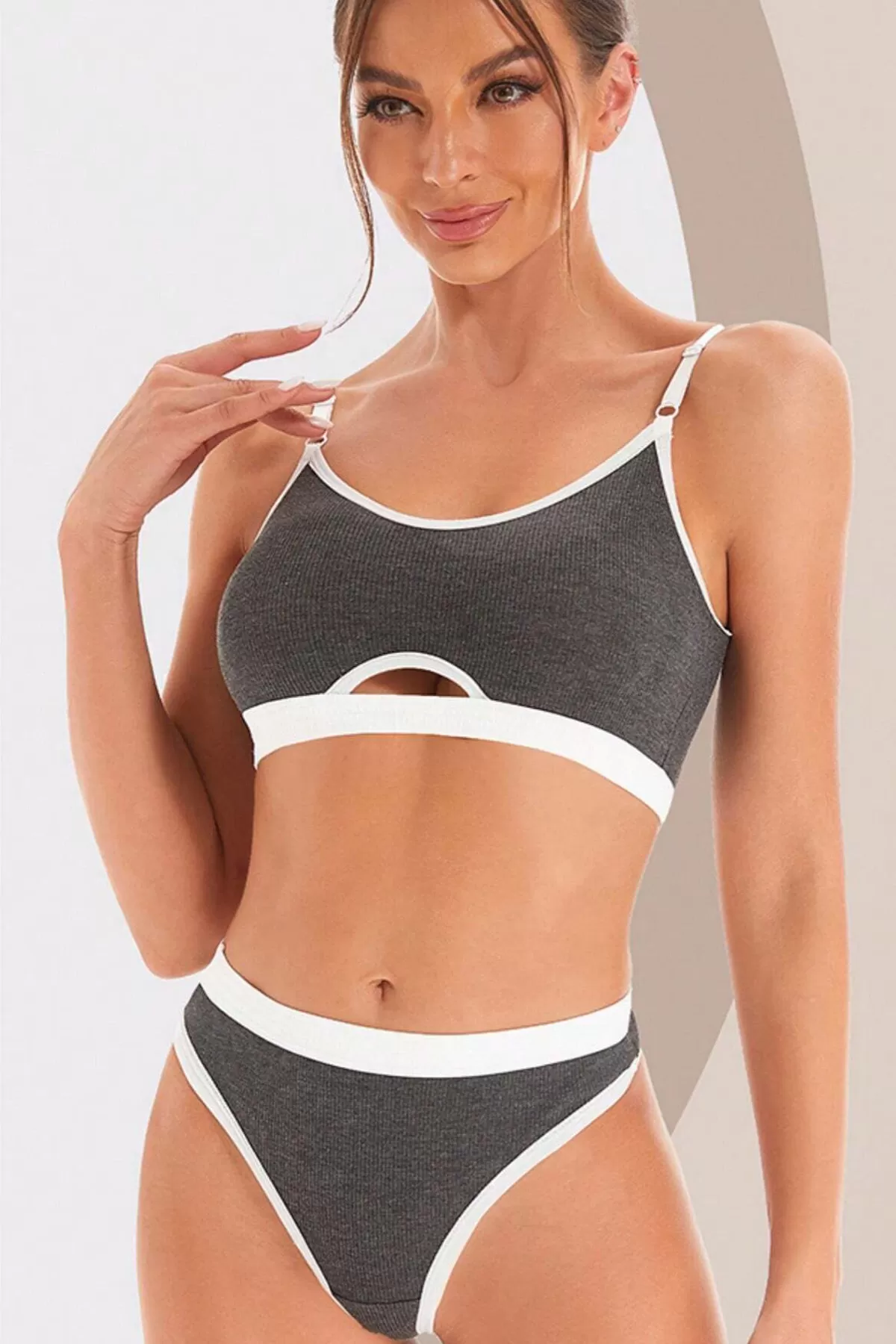 Antrasit Kaşkorse ve Beyaz Lastikli Cut-Out Tanga Külotlu Takım — Gri (2/2)