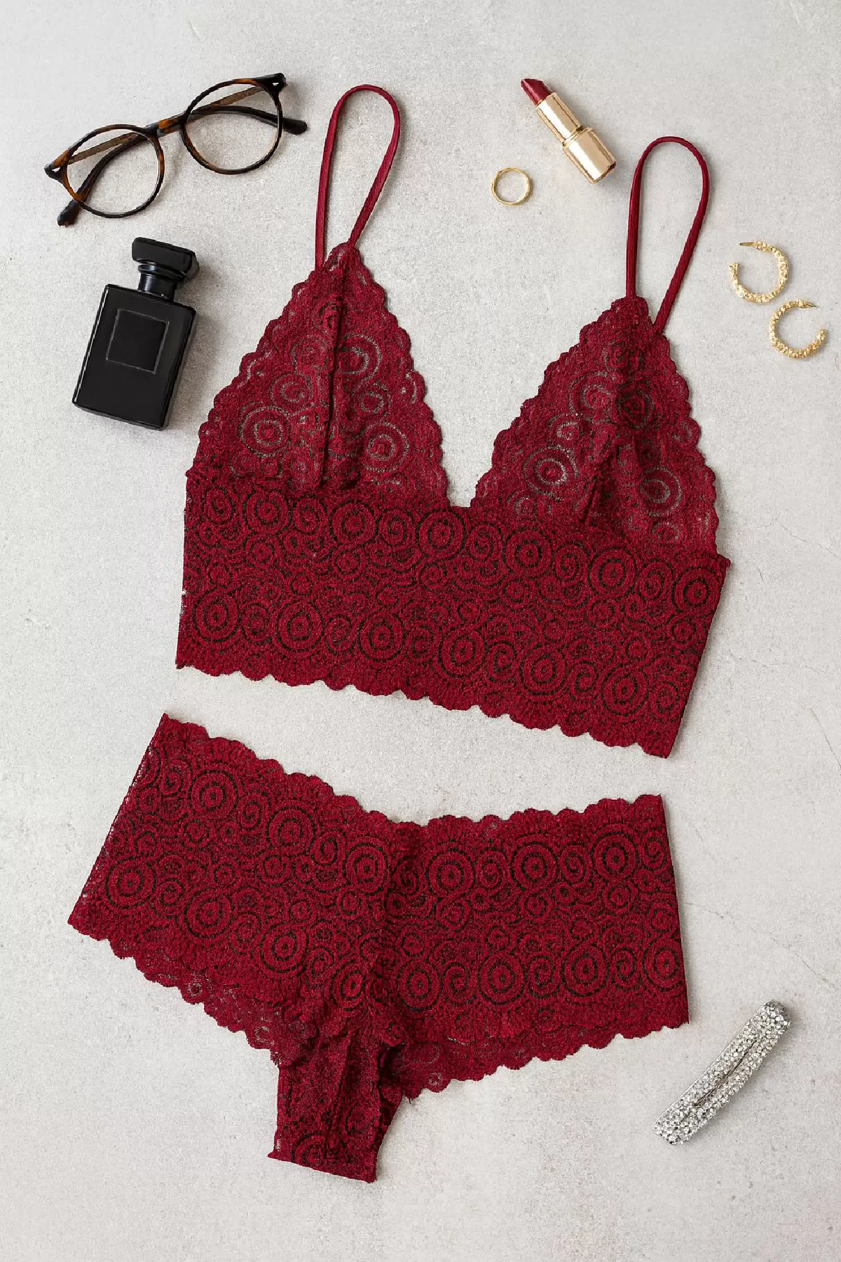 Dantel Bralet Şort Takımı — Bordo (1/2)