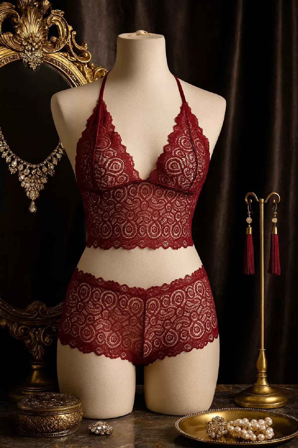 Dantel Bralet Şort Takımı — Bordo (2/2)